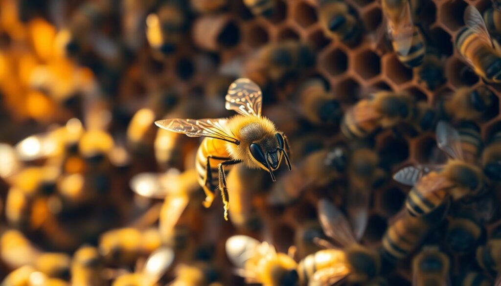 A colony of genetically diverse honeybees, their intricate hive structure illuminated by soft, golden lighting. In the foreground, a drone bee emerges, its distinctive large eyes and robust build hinting at its specialized role. The middle ground showcases the complex patterning and color gradients of the worker bees, their coordinated movements suggesting the delicate balance of the colony's genetics. In the background, a honeycomb structure rises, its hexagonal cells a testament to the ingenious engineering of these remarkable insects. The overall scene conveys the importance of drone bees in maintaining the genetic diversity and resilience of the hive.