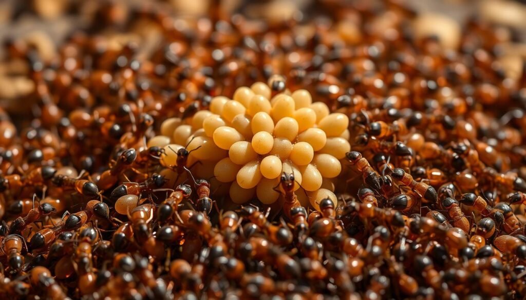A colony of worker ants surrounding a cluster of larvae, with the larvae emitting pheromonal signals. The workers are responding attentively, their antennae raised, as they gather around the larvae. The scene is captured in a close-up, with a depth of field that keeps the larvae in sharp focus and the workers in a soft, blurred background. The lighting is warm and natural, casting subtle shadows that accentuate the texture of the insects' bodies. The composition emphasizes the interconnected relationship between the larvae and the workers, conveying the coevolved control systems that govern caste determination in this social insect colony. A colony of worker ants surrounding a cluster of larvae, with the larvae emitting pheromonal signals. The workers are responding attentively, their antennae raised, as they gather around the larvae. The scene is captured in a close-up, with a depth of field that keeps the larvae in sharp focus and the workers in a soft, blurred background. The lighting is warm and natural, casting subtle shadows that accentuate the texture of the insects' bodies. The composition emphasizes the interconnected relationship between the larvae and the workers, conveying the coevolved control systems that govern caste determination in this social insect colony.