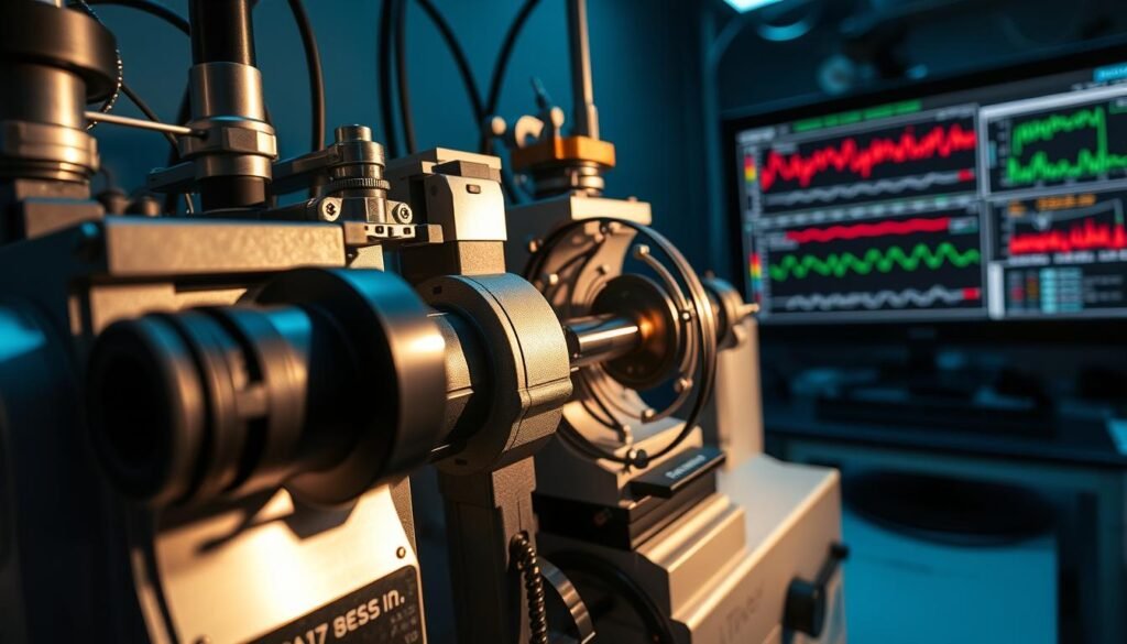 A complex mass spectrometer instrument dominating the frame, with its intricate components and sleek metallic design. The foreground showcases the sample inlet and ion source, where compounds are ionized and accelerated into the analyzer. The middle ground reveals the high-precision analyzer, its magnetic sectors and quadrupole filters precisely separating ions by their mass-to-charge ratio. In the background, a digital display shows vivid chromatographic data and spectral analyses, conveying the power of this analytical technique. Dramatic low-angle lighting casts dramatic shadows, highlighting the technical precision and sophistication of this essential analytical tool for studying the chemical composition of complex samples.