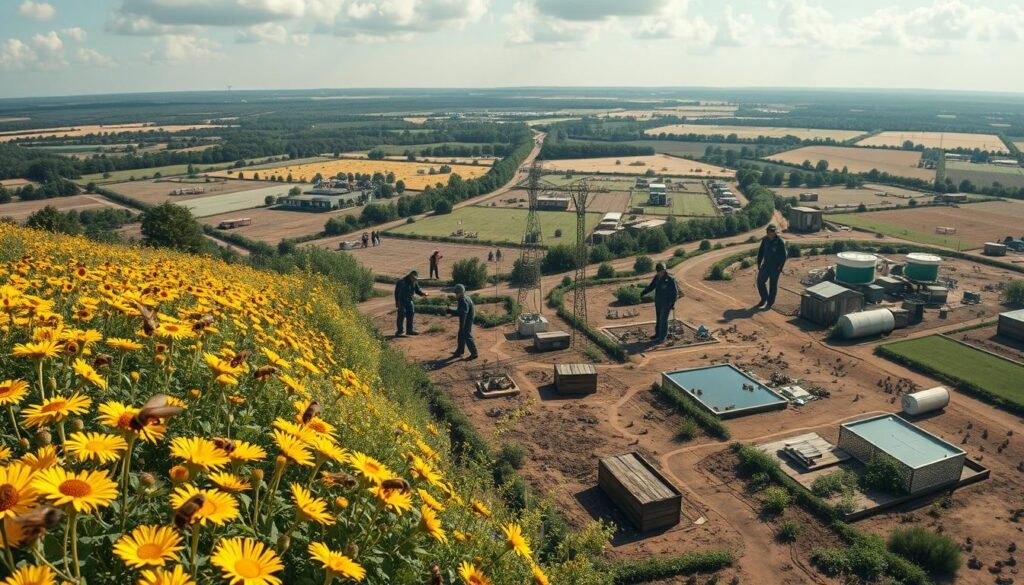 A complex network of interconnected pathways, illustrating the diverse exposure routes in a large-scale beekeeping operation. In the foreground, bees pollinate vibrant flowers, while workers tend to the hives. The middle ground depicts airborne particulates, soil contamination, and water sources. In the background, a panoramic view showcases the broader environmental context, including surrounding vegetation and potential exposure points. The lighting is natural, with a sense of balance and depth, captured through a wide-angle lens. The overall atmosphere conveys the importance of understanding and mitigating exposure risks in this critical agricultural endeavor.