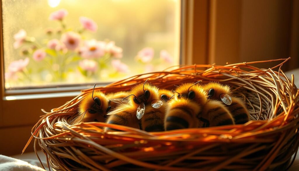 A cozy bedroom scene at dawn, the first rays of sunlight filtering through the window. Resting honey bees tucked into their woven straw nests, curled up with their legs folded, antennae twitching gently as they slumber. Soft, warm lighting casts a golden glow, highlighting the delicate fuzz on their bodies. In the background, a lush, blooming flower garden sways in the breeze, hinting at the busy pollination that will resume once the bees awaken from their well-deserved rest.