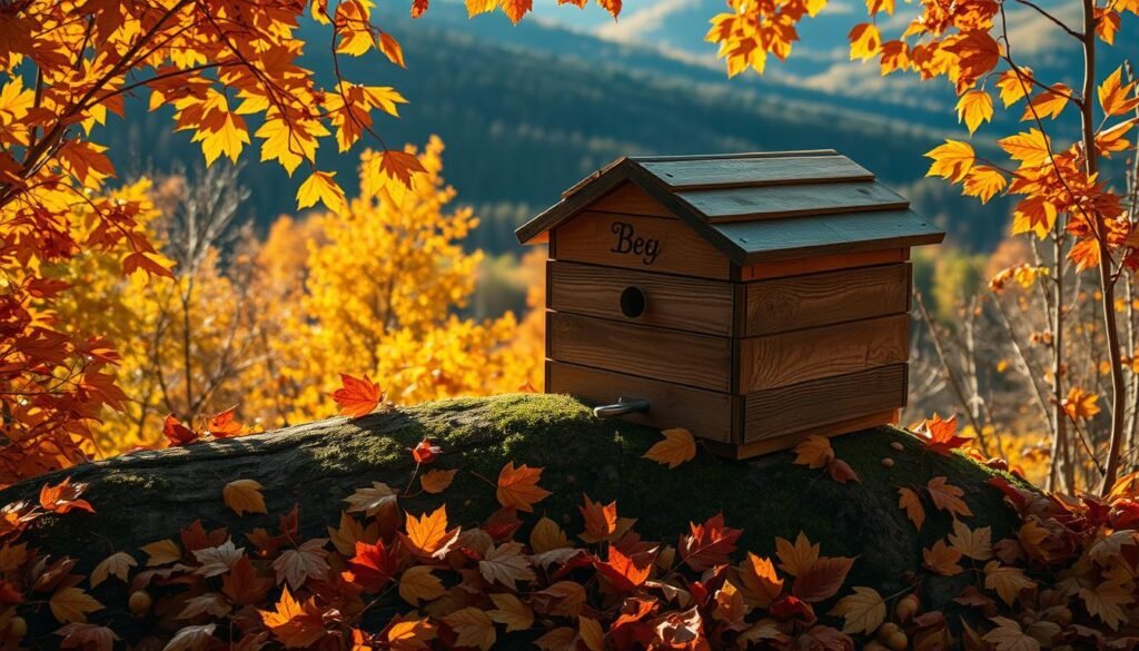 A cozy fall scene of a rustic wooden beehive nestled among vibrant autumn foliage. The hive sits atop a mossy log, surrounded by a carpet of fallen leaves in shades of gold, orange, and red. Warm, soft lighting bathes the scene, casting gentle shadows and highlighting the textures of the natural elements. In the background, a backdrop of lush, forested hills stretches out, hinting at the changing of the seasons. The overall mood is one of quiet contemplation, a moment of tranquility and preparation for the colder months ahead.