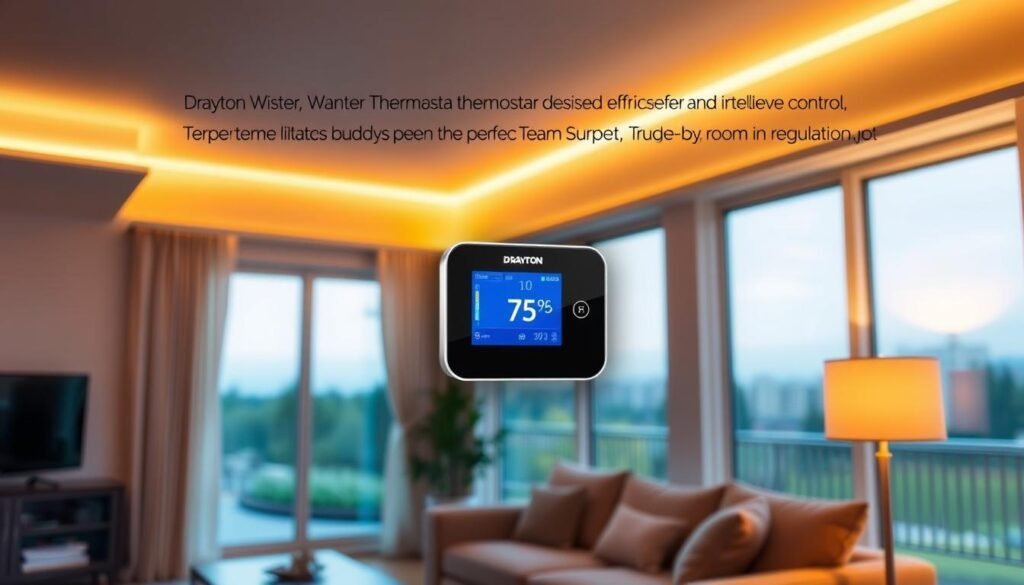 A cozy living room with a Drayton Wiser smart thermostat prominently displayed on the wall, illuminated by warm, ambient lighting. The thermostat's sleek, minimalist design blends seamlessly with the room's neutral color palette and modern furnishings. In the background, a large window offers a view of a tranquil outdoor scene, hinting at the system's ability to maintain the desired temperature throughout the space. The room's overall atmosphere conveys a sense of comfort, efficiency, and intelligent climate control - the perfect budget-friendly solution for room-by-room temperature regulation.