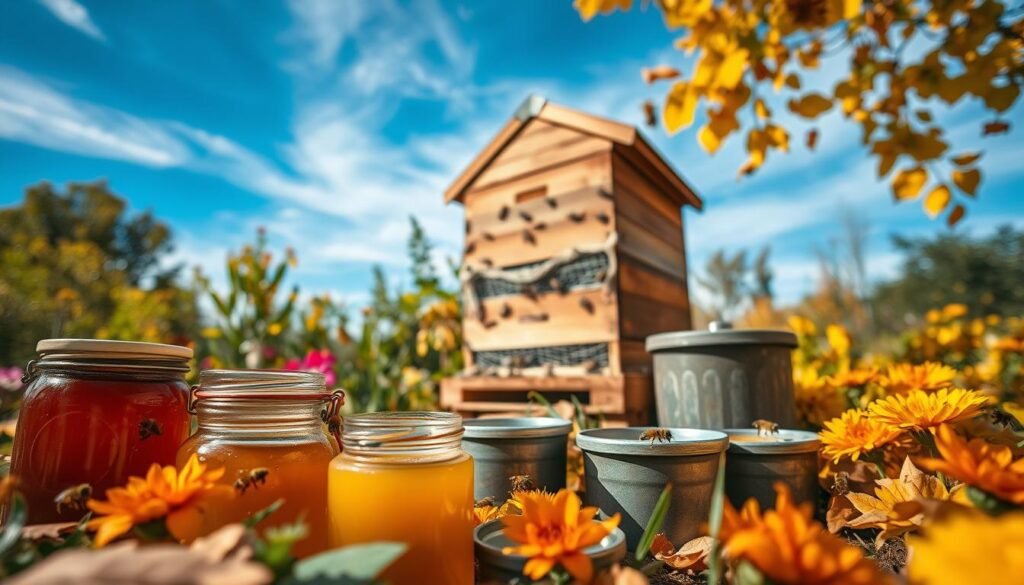 A cozy, rustic beehive setup in a well-tended garden during late autumn, focusing on vibrant flower beds surrounding the hive. In the foreground, a close-up view of various food stores, including honey jars and pollen pots, with bees gently buzzing around them. The middle shows a wooden beehive adorned with a protective mesh against the cold, surrounded by falling leaves in warm hues of orange and gold. The background features a bright blue sky with soft, wispy clouds, casting natural light onto the scene. The atmosphere is tranquil yet industrious, reflecting a sense of preparation for winter. The angle is slightly elevated, capturing a comprehensive view while emphasizing the food supplies.