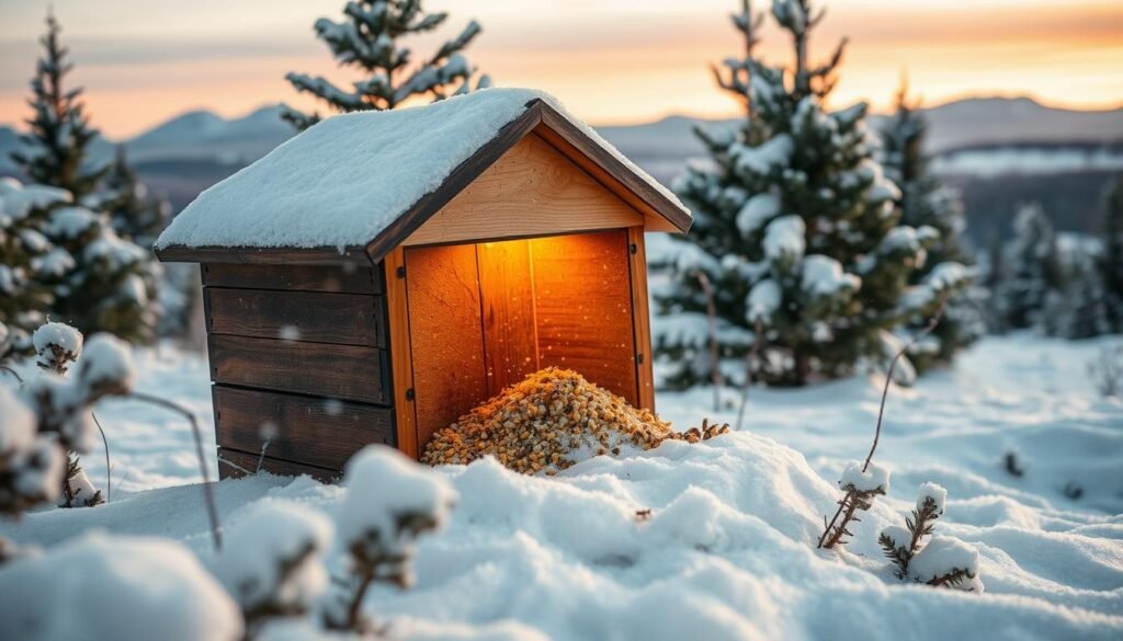 A cozy winter scene of a buzzing beehive nestled among snow-capped evergreens. In the foreground, a beekeeper tenderly adds supplementary feed to the hive, their hands gloved against the chill. Soft golden light spills from the hive's entrance, illuminating the falling snowflakes. In the middle ground, a dusting of fresh snow blankets the ground, while in the distance, a serene winter landscape stretches out, with mountains silhouetted against a pastel sky. The overall mood is one of quiet industriousness and care, as the beekeeper ensures the colony's food security during the unpredictable winter months.