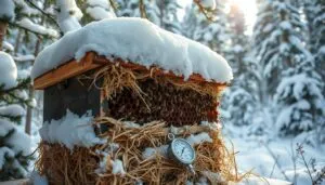 A cozy winterscape of a well-insulated beehive, nestled amidst a forest of snow-capped pines