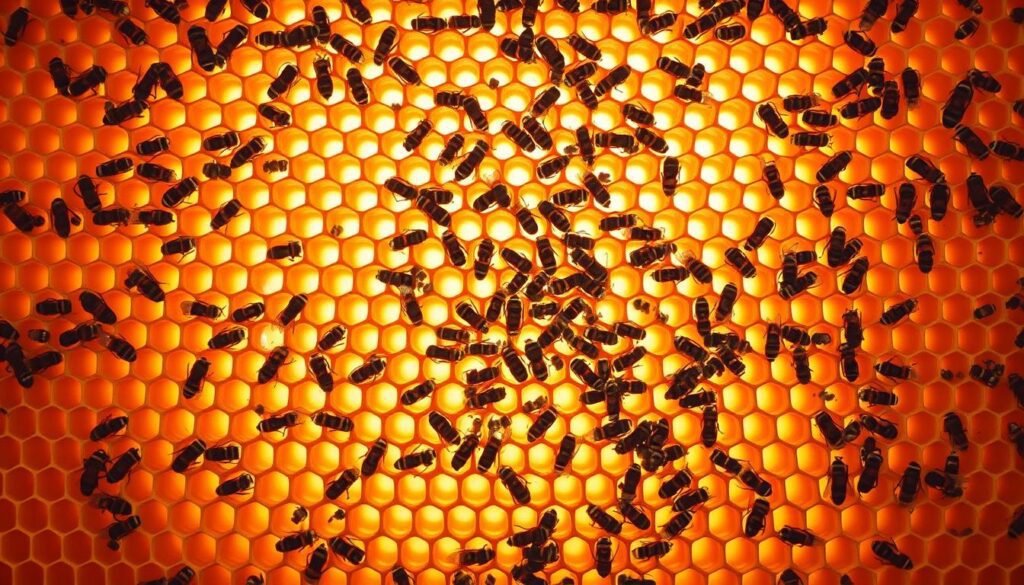A cross-section of a beehive interior, illuminated by warm, diffused natural light filtering through the honeycombs. The foreground depicts a network of intricate hexagonal cells, filled with a range of shades of golden honey and bustling with the activity of worker bees tending to their duties. The middle ground showcases the hive's central structure, with the queen bee presiding over her colony, surrounded by a flurry of worker bees. In the background, a faint haze of carbon dioxide is visible, rising from the hive's interior, creating a subtle atmospheric effect that emphasizes the dynamic balance maintained within the hive's complex ecosystem.