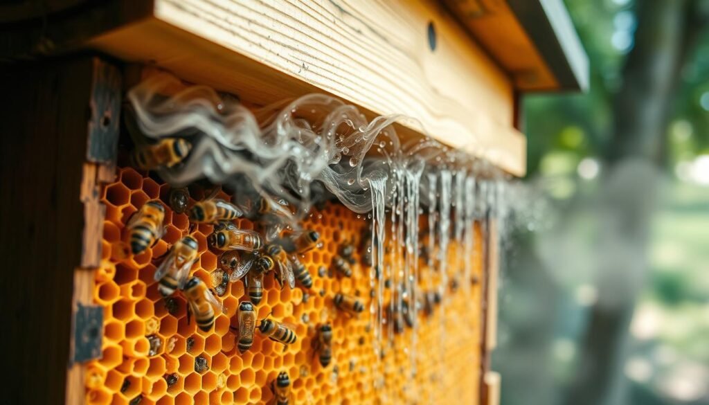 A cross-section of a beehive, showcasing the intricate airflow and condensation dynamics. In the foreground, wisps of warm, humid air gently rise from the bustling honeycomb, while delicate droplets of condensation cling to the wooden walls. The middle ground reveals the intricate network of channels and passages that facilitate the flow of air, ensuring a balanced temperature and humidity for the colony's well-being. In the background, the hive's exterior is illuminated by soft, natural light, highlighting the complex ventilation system that maintains the hive's optimal conditions. The scene conveys a sense of harmony and the essential role of airflow and moisture regulation in the thriving ecosystem of the beehive.