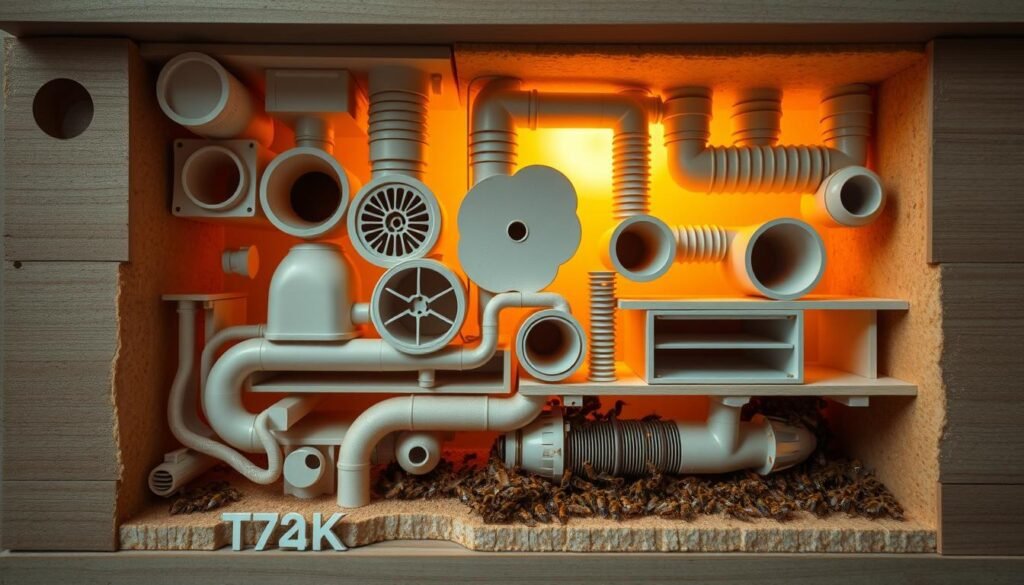 A cross-section of a hive's intricate ventilation system, showcasing a network of strategically positioned vents, ducts, and airflow channels. Warm, diffused lighting illuminates the organic forms, highlighting the elegant interplay of form and function. The scene conveys a sense of efficiency and precision, with a clean, minimalist aesthetic that reflects the engineered elegance of the design. The image should capture the careful balance of insulation, air circulation, and thermal regulation that are essential for maintaining a stable, comfortable environment within the hive's interior.