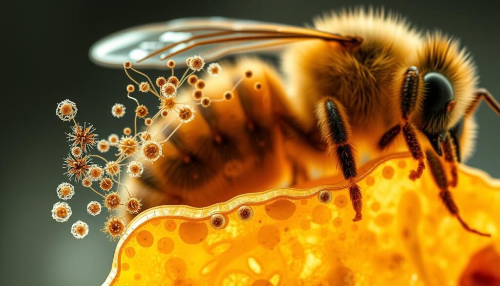 A cross-section of the spores life cycle of Apis, the honey bee parasite. In the foreground, a detailed view of spores in various stages of development, from single cells to mature spores. The middle ground showcases the intricate interaction between the spores and the host bee tissues, with the spores infiltrating and replicating within the cells. The background depicts the overall structure of the bee, suggesting the systemic nature of the infection. The lighting is soft and diffused, highlighting the delicate, organic forms of the spores. The angle is slightly tilted, creating a sense of depth and visual interest. The overall mood is one of scientific curiosity and the complexity of host-parasite interactions.