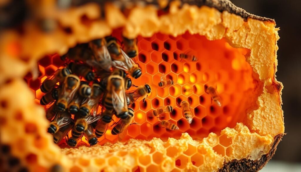 A cross-section view of a honeybee hive, showcasing the intricate temperature regulation within. The foreground depicts a cluster of worker bees, their bodies intertwined, generating and modulating the warmth that permeates the hive. Subtle amber hues cast a cozy glow, highlighting the delicate balance of temperature essential for the healthy development of the brood. In the middle ground, the comb structure is visible, each cell a testament to the bees' engineering prowess. The background fades into a muted palette, emphasizing the meticulous control the colony exerts over its microclimate. Soft, diffused lighting illuminates the scene, capturing the precise temperature gradients that enable the larvae to thrive.