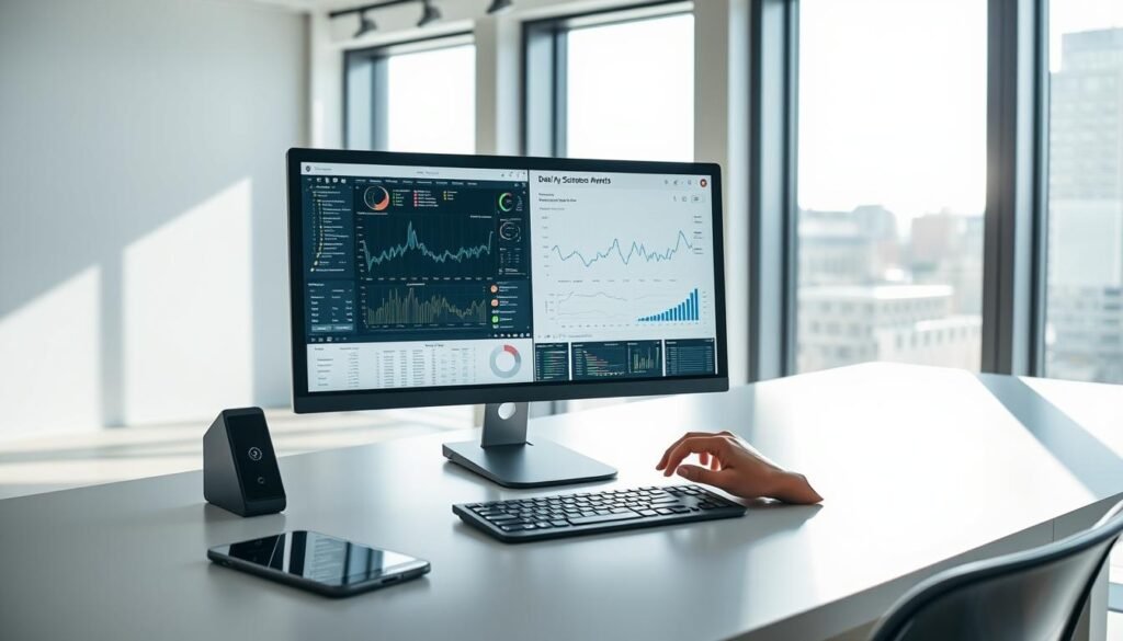 A data analysis software workstation situated in a modern, minimalist office environment. Bright natural lighting streams in through large windows, illuminating the clean, sleek desk setup. On the display, a complex data visualization dashboard is shown, with charts, graphs, and analytical tools. The user's hands are focused on interacting with the software, manipulating the data with precision. The overall atmosphere is one of productivity, efficiency, and technological sophistication, reflecting the importance of data analysis in scientific research and decision-making.