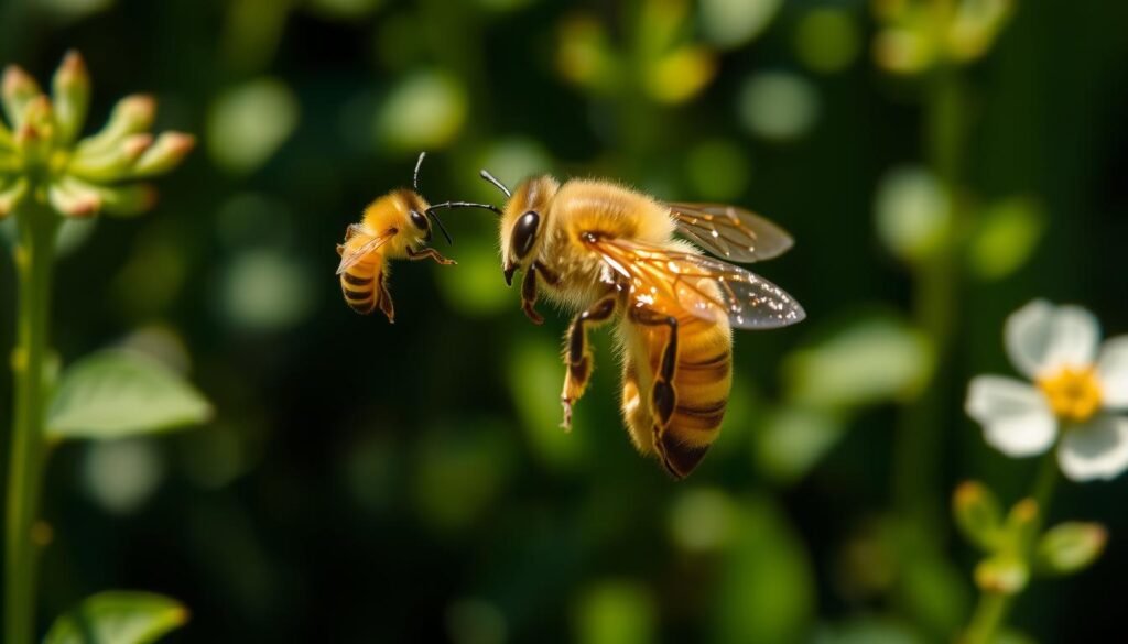 A delicate, honey-colored worker bee hovers near a queen bee's unfurled, iridescent wings, its antennae gently brushing against the fragile membranes. The queen stands regally, her regal form bathed in soft, natural light that casts deep shadows across the verdant, blossoming garden backdrop. Conveying a sense of harmony and respect, the scene evokes the ethical dilemma of clipping a queen's wings - a practice that, while sometimes employed, raises concerns about cruelty, diversity, and the benefits of non-invasive beekeeping.