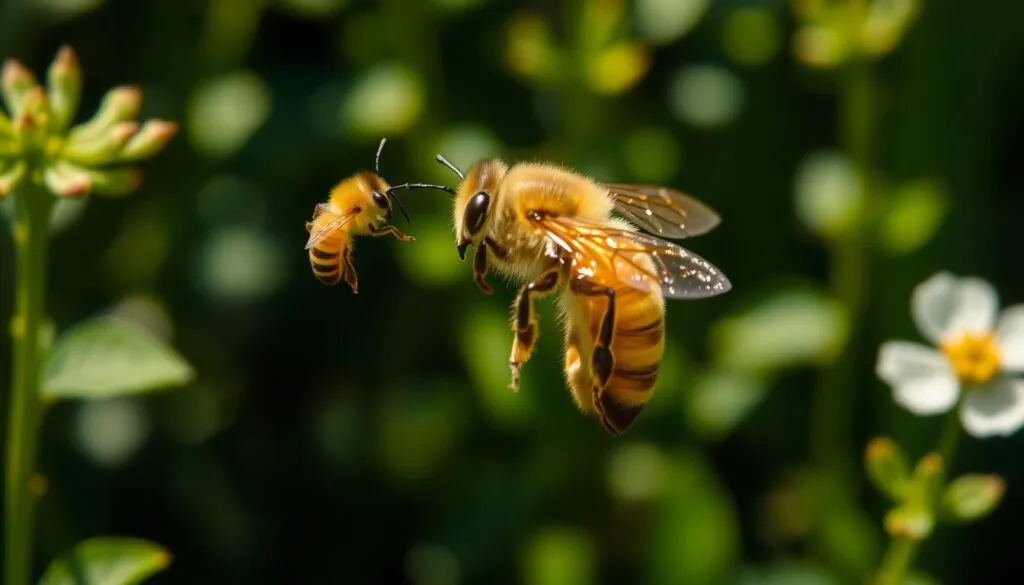 A delicate, honey-colored worker bee hovers near a queen bee's unfurled, iridescent wings, its antennae gently brushing against the fragile membranes. The queen stands regally, her regal form bathed in soft, natural light that casts deep shadows across the verdant, blossoming garden backdrop. Conveying a sense of harmony and respect, the scene evokes the ethical dilemma of clipping a queen's wings - a practice that, while sometimes employed, raises concerns about cruelty, diversity, and the benefits of non-invasive beekeeping.