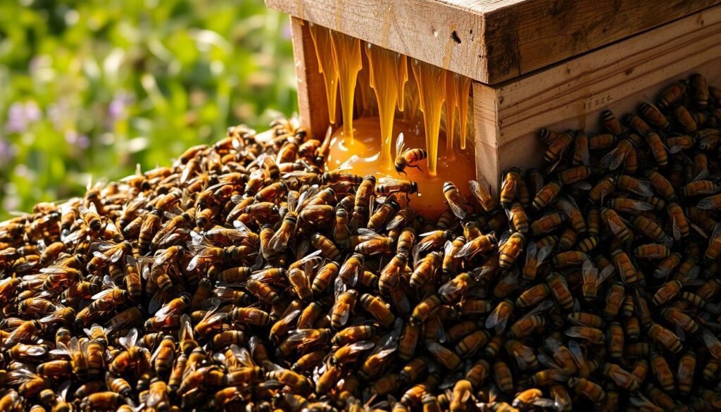 A densely crowded feeder, bees jostling and pushing each other as they clamor for the precious nectar. The foreground is a tight, chaotic swarm, wings beating rapidly, antennae alert. In the middle ground, the feeder itself is a weathered wooden structure, dripping with golden honey. The background is softly blurred, hinting at a lush, verdant garden in the summer sunlight. The scene conveys a sense of urgency, with the bees' frantic activity suggesting the intense competition for resources. The lighting is warm and natural, casting gentle shadows that accentuate the bees' forms. The overall atmosphere evokes the busy, bustling energy of a hive under stress.