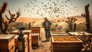 A desert oasis, sun-dappled hives nestled among hardy cacti and windswept dunes