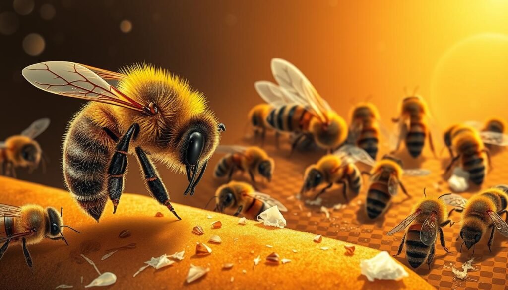 A detailed and dynamic illustration showcasing hygienic behavior in honeybees. In the foreground, a close-up view of a worker bee meticulously grooming and cleaning another bee, reflecting the intricate process of VSH (Varroa Sensitive Hygiene). In the middle ground, a group of bees collectively tending to the hive, with some removing debris and others inspecting the comb. The background depicts the interior of the hive, with a warm, amber-toned lighting that creates a sense of activity and industry. The composition emphasizes the cooperative nature of the hive's hygiene and the critical role it plays in maintaining bee health and resistance to Varroa mites. Rendered in a detailed, naturalistic style to capture the nuances of this vital behavior.