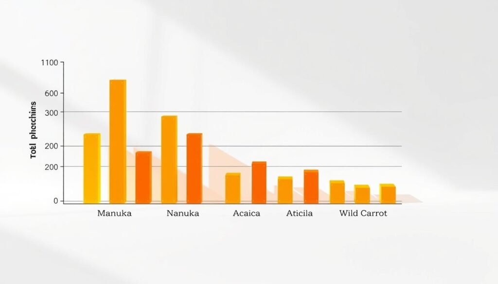 A detailed bar graph showcasing the total phenolic content of Manuka, Acacia, and Wild Carrot honeys. The graph is rendered in a clean, minimalist style with a white background, black axes, and vibrant colored bars. Soft natural lighting casts subtle shadows, highlighting the dimensional quality of the data visualization. The composition is balanced, with the graph centered and occupying the majority of the frame. The overall mood is informative and data-driven, inviting the viewer to explore the comparative antioxidant levels across these global honey types.
