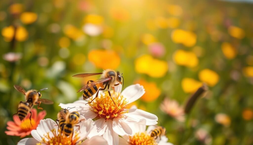 A detailed close-up image of various wasps, including yellow jackets, perched on a flower in a natural setting. In the foreground, several wasps are clearly visible, showcasing their distinct yellow and black stripes, intricate wing patterns, and fine hairs. The middle ground features vibrant flowers in full bloom, with soft-focus greenery adding depth. The background includes a blurred sunny meadow, creating a warm and inviting atmosphere, highlighting the wasps' habitat. The lighting is bright and natural, suggesting a sunny day, with soft shadows enhancing the textures of the flowers and insects. The overall mood is educational and informative, perfect for illustrating the differences between wasps and bees.