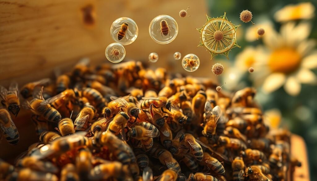 A detailed close-up of a bee hive showcasing the intricate dynamics of mites and pathogens within. In the foreground, a cluster of honey bees is depicted, their bodies covered with tiny Varroa mites, highlighting the parasitic relationship. The middle layer reveals several pathogen microorganisms floating in the surrounding environment, illustrating their impact on bee health. The background features a natural setting with soft-focus flowers and a blurred hive, enhancing the sense of an ecosystem under stress. The lighting is warm and slightly diffused, as if filtered through the honeycomb, creating a slightly ominous yet educational atmosphere. The image captures the delicate balance between bees and their threats, emphasizing the importance of health and disease prevention in bee colonies.