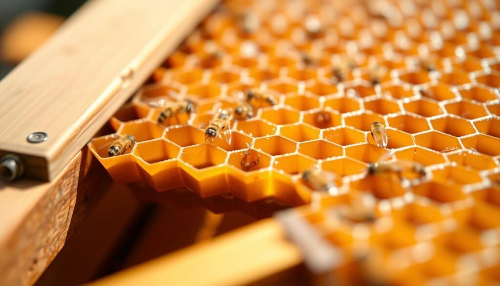 A detailed close-up of a drone honeycomb frame, captured with a high-resolution camera lens. The comb features distinctive hexagonal cells with a warm, amber hue, illuminated by natural lighting that casts subtle shadows, highlighting the textural contours. The frame is positioned at a slight angle, providing a balanced, visually appealing composition. The background is softly blurred, keeping the focus on the intricate drone comb structure, which takes up the majority of the frame. An overall sense of precision, craftsmanship, and the natural beauty of this essential beekeeping tool is conveyed.