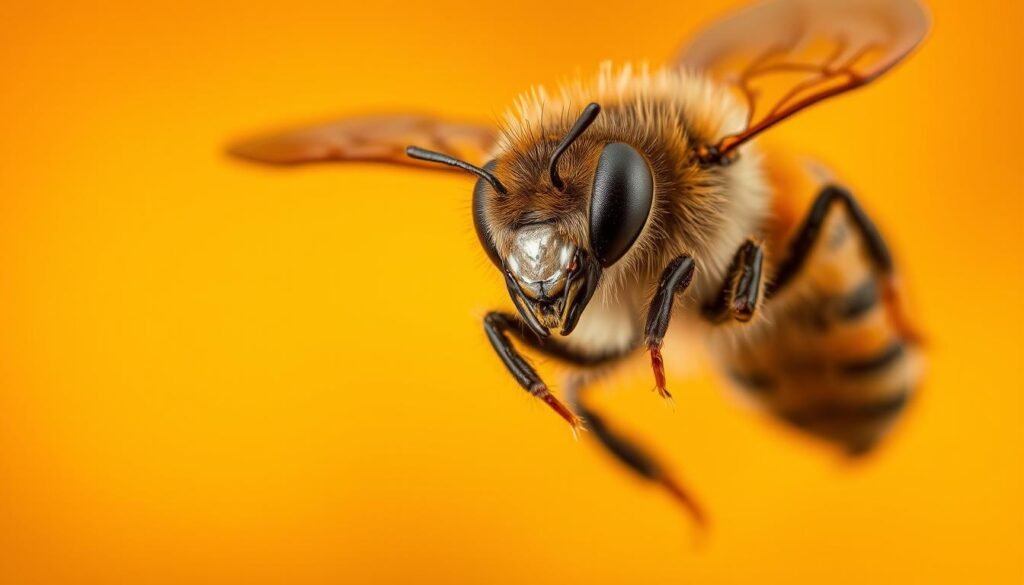 A detailed close-up of a honey bee in flight, its delicate wings beating rapidly against a warm, golden-hued background. The bee's compound eyes glisten with intricate detail, and its fuzzy abdomen is covered in vibrant stripes. The lighting is soft and diffused, casting a gentle glow on the insect's body. The depth of field is shallow, keeping the bee in sharp focus while blurring the background to create a sense of depth and atmosphere. The overall mood is one of natural wonder and the essential role bees play in pollination and the ecosystem. A detailed close-up of a honey bee in flight, its delicate wings beating rapidly against a warm, golden-hued background. The bee's compound eyes glisten with intricate detail, and its fuzzy abdomen is covered in vibrant stripes. The lighting is soft and diffused, casting a gentle glow on the insect's body. The depth of field is shallow, keeping the bee in sharp focus while blurring the background to create a sense of depth and atmosphere. The overall mood is one of natural wonder and the essential role bees play in pollination and the ecosystem.