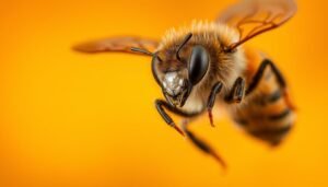 A detailed close-up of a honey bee in flight, its delicate wings beating rapidly against a warm, golden-hued background