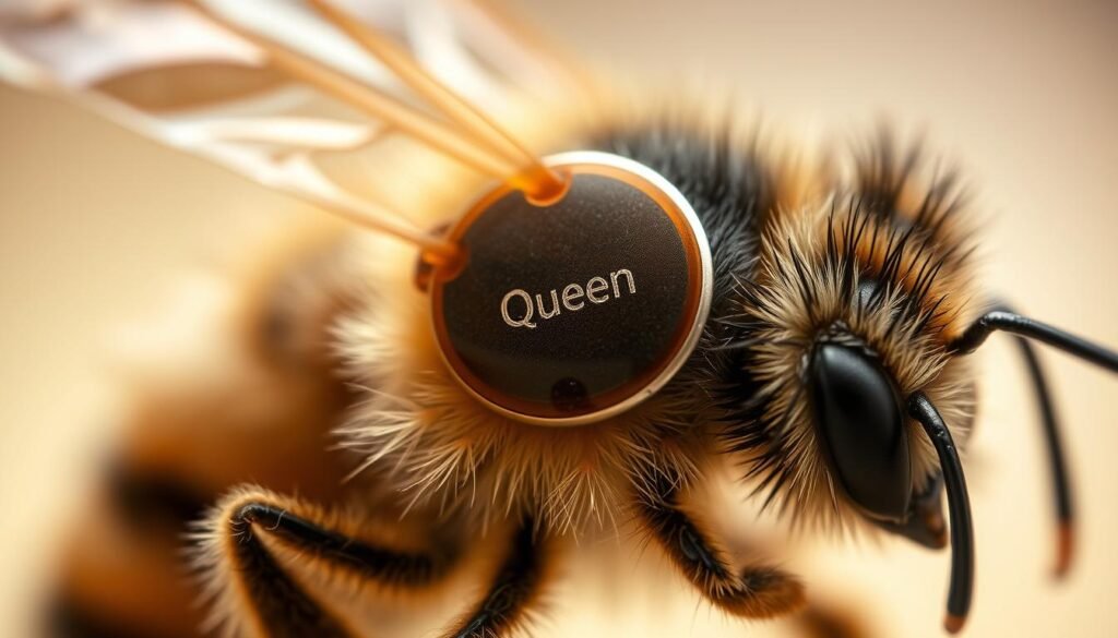 A detailed close-up of a queen honey bee's identification tag, captured with a macro lens under soft, diffuse lighting. The tag is a small, circular plastic disc affixed to the bee's thorax, displaying a unique alphanumeric code printed in crisp, legible font. The image fills the frame, showcasing the intricate textures and patterns of the bee's exoskeleton, the translucent wings, and the delicate features of the tag. The depth of field is shallow, gently blurring the background to emphasize the central subject. The overall mood is one of scientific precision and the importance of careful record-keeping in sustainable queen breeding programs.