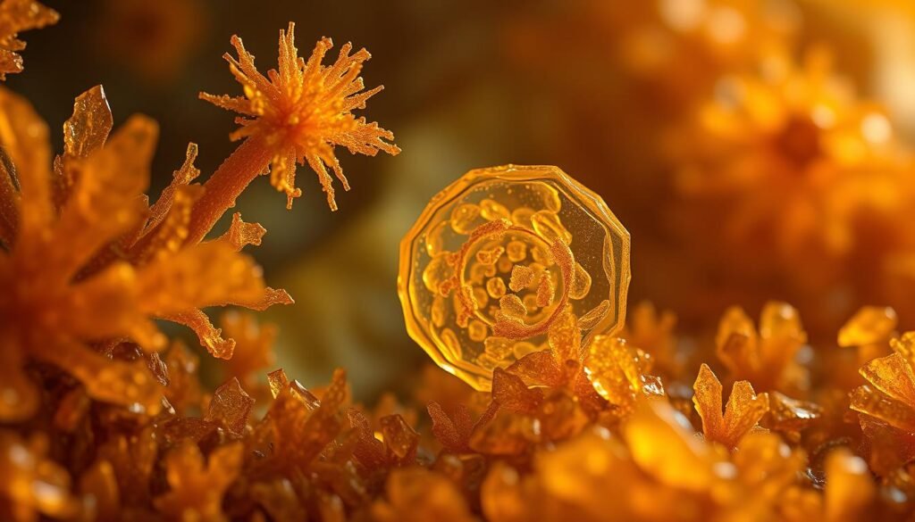 A detailed close-up of key microscopic wax properties and structures, illuminated with a warm, soft light that accentuates their intricate textures and geometries. The foreground showcases a variety of wax crystals, dendrites, and platelets in high definition, with their unique shapes and patterns clearly visible. The middle ground features a cross-section view of the internal wax microstructure, revealing the underlying organizational principles and hierarchical complexity. The background subtly hints at the broader context, with a slightly blurred, out-of-focus view of the surrounding wax matrix. The overall mood is one of scientific curiosity and a deep appreciation for the beauty and functionality inherent in these essential wax microstructures.