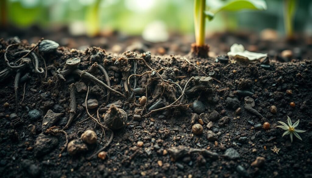 A detailed close-up of nutrient-rich soil, showing the complex web of life within. The foreground features a cross-section revealing diverse microbial colonies, fungal hyphae, and decomposing organic matter. The middle ground showcases the intricate network of plant roots and soil invertebrates, while the background depicts the granular texture and earthy tones of the soil matrix. Soft, diffused lighting from above illuminates the scene, emphasizing the delicate balance and interconnectedness of the soil ecosystem. Captured with a high-resolution macro lens, the image conveys the critical role of soil microbiota in maintaining environmental health and supporting pollinator populations.