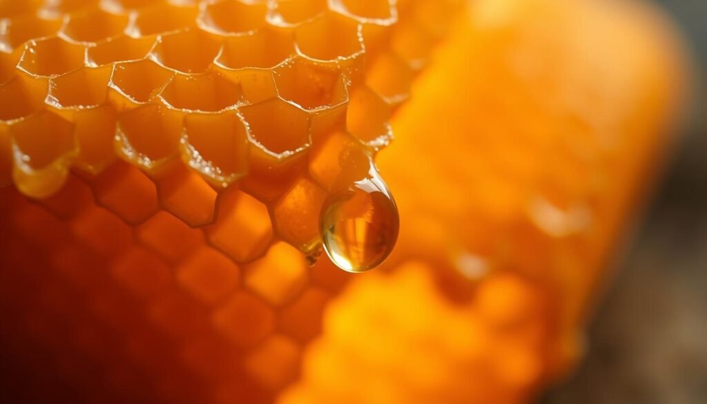 A detailed, close-up view of a partially open honeycomb, filled with glistening golden honey. The cells are illuminated from within, casting a warm, soft glow. In the foreground, a single droplet of honey appears to be suspended, refracting the light to reveal its antimicrobial properties. The background is slightly blurred, hinting at the complexity of the honeybee colony's intricate processes that imbue the honey with its natural protective qualities. The overall mood is one of scientific curiosity and appreciation for the remarkable, natural antimicrobial wonders of honey.