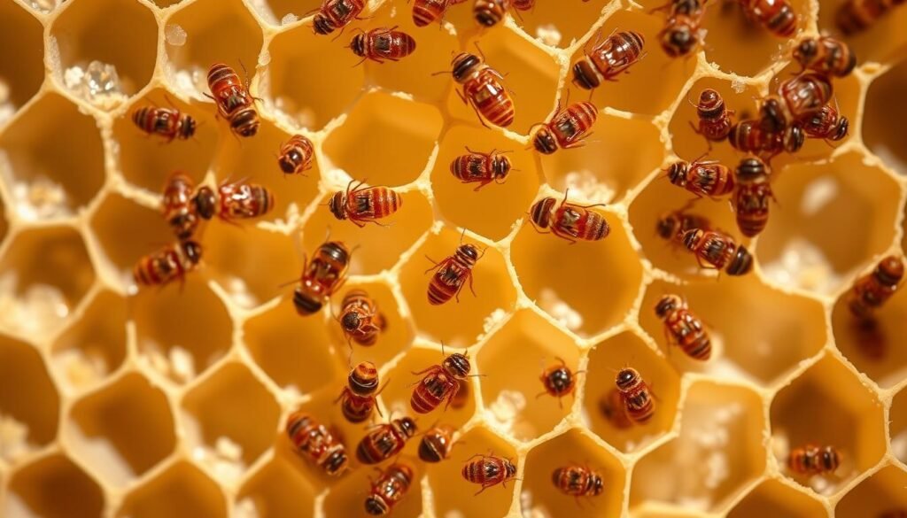 A detailed close-up view of a varroa mite population thriving on the surface of a honeycomb. The mites are shown in varying shades of red and brown, with intricate textural details and translucent bodies, clinging to the geometric hexagonal comb structure. The lighting is soft and natural, casting gentle shadows that accentuate the mites' forms. The background is slightly blurred, with the faint outlines of other comb cells visible, creating a sense of depth and context. The overall tone is one of scientific observation, allowing the viewer to study the complex dynamics of this parasitic mite species and its impact on honey bee populations.