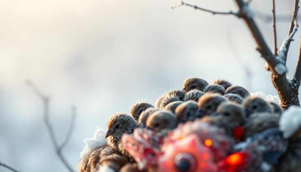 A detailed closeup of a dynamic "behavioral pressure cluster" illustrating thermoregulation mechanisms in a winter environment. The foreground shows a tightly packed group of small avian figures nestled together, their feathers ruffled against the cold. The middle ground depicts a subtle gradient of heat-mapping, visualizing the flow and exchange of warmth within the cluster. In the background, a hazy, atmospheric setting suggests the larger context of the natural landscape. Soft, diffused lighting creates a sense of tranquility, while carefully rendered textures and volumes convey the tactile qualities of the birds' plumage and the porous, insulating structure of the cluster.