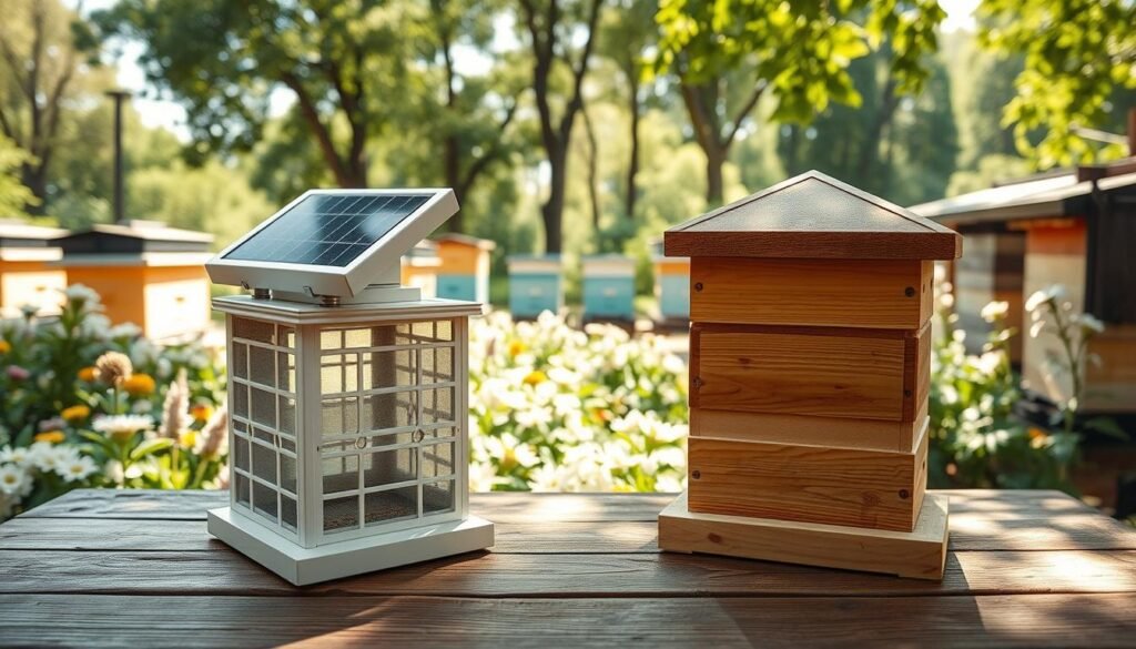 A detailed comparison image of solar-powered pollen traps in an apiary setting. In the foreground, showcase two distinct designs of pollen traps: one sleek and modern with solar panels integrated into its structure, and another traditional wooden model, both placed on a wooden table. The middle ground features an apiary with beehives surrounded by blooming flowers, creating a vibrant ecosystem. In the background, soft sunlight filters through trees, casting dappled light that highlights the lush greenery. The atmosphere is serene and productive, emphasizing the harmony between technology and nature. Use a wide-angle lens effect to create depth, with a focus on the traps to illustrate their features clearly, avoiding any human presence in the image.
