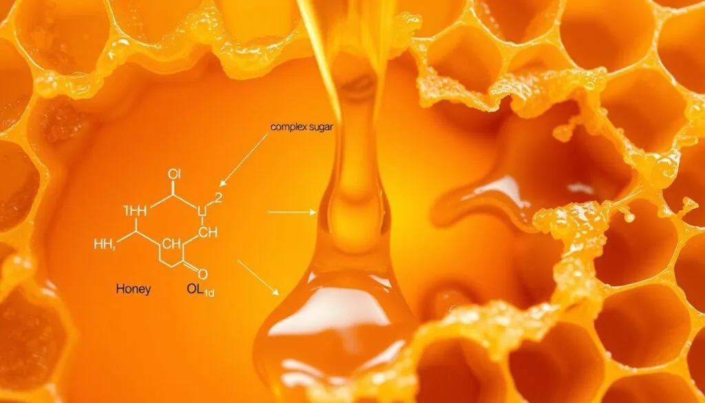 A detailed cross-section of a honey comb, showcasing the intricate chemical changes occurring within the golden liquid as it is heated. The foreground features a molecular diagram illustrating the breakdown of complex sugars and the formation of new compounds. The middle ground depicts the honey itself, its viscosity and color shifting from a rich amber to a slightly darker hue. The background reveals the honeycomb structure, its delicate wax walls partially melted, allowing the viewer to glimpse the dynamic chemical processes at play. Soft, warm lighting bathes the scene, complementing the amber tones and conveying a sense of scientific exploration. Captured with a macro lens to provide intricate visual details, this image aims to visually explain the nutritional transformations honey undergoes when exposed to heat.