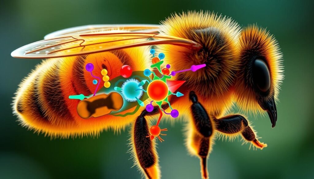 A detailed cross-section of the intricate immune pathways within a honeybee's body, showcasing the complex network of cellular interactions and signaling cascades that work in harmony to protect the hive. Vibrant colors and organic textures depict the dynamic processes of pathogen recognition, immune cell activation, and defensive mechanisms. The scene is illuminated by a soft, natural light, drawing the viewer's attention to the intricacies of this vital biological system. The composition emphasizes the interconnectedness and delicate balance of the bee's immune defenses, creating a visually engaging and informative representation of the topic.