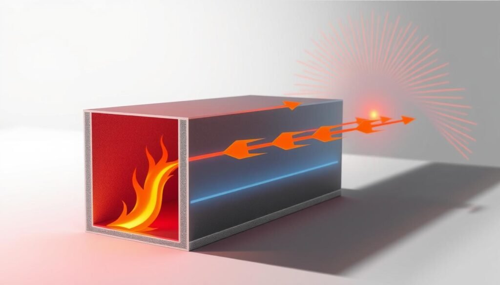 A detailed cutaway diagram depicting the three primary mechanisms of heat transfer - conduction, convection, and radiation. In the foreground, a crisp cross-section shows heat flowing through a material via conductive pathways. In the middle ground, arrows illustrate convection currents carrying heat, while the background showcases radiant heat waves emanating outward. The scene is rendered in a technical, engineering-style with clean lines, muted colors, and strong contrast to emphasize the scientific principles. Bright, directional lighting casts shadows that further highlight the various heat transfer processes. The overall mood is one of clarity and educational insight, intended to visually explain the core concepts of thermal insulation.