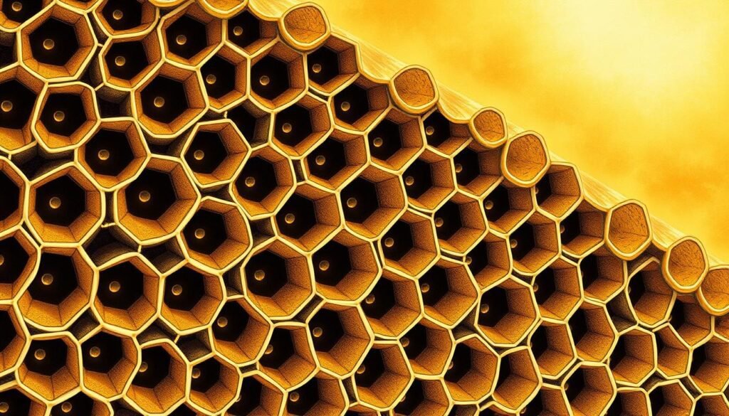 A detailed, hand-drawn illustration of a bee comb, showcasing the intricate hexagonal cells and the delicate drawn comb structure. The comb is illuminated by a warm, golden light from above, casting soft shadows that highlight the depth and texture of the wax formation. The cells are filled with pale honey, their curved surfaces glistening as if freshly harvested. The overall composition emphasizes the order, symmetry, and natural beauty of the broodnest, capturing the essence of a thriving, well-managed hive. The image is rendered with a realistic, almost photographic quality, allowing the viewer to appreciate the engineering marvel of the comb.