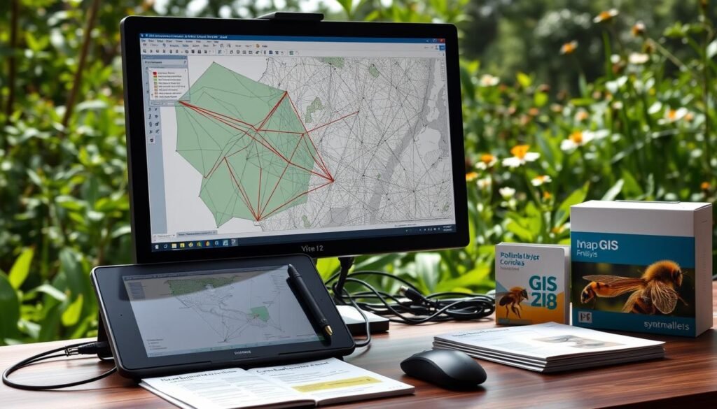 A detailed, high-resolution image of various connectivity analysis tools used in GIS software for mapping pollinator corridors. In the foreground, a desktop computer screen displays a GIS interface with overlapping vector layers, flow arrows, and network analysis visualizations. On the desk, a tablet with a stylus, a mouse, and various cables connect the devices. In the middle ground, technical manuals and GIS software packaging provide context. The background showcases a nature scene with lush greenery, flowers, and the silhouettes of buzzing pollinators, creating a cohesive atmosphere for the conservation-focused analysis workflow.