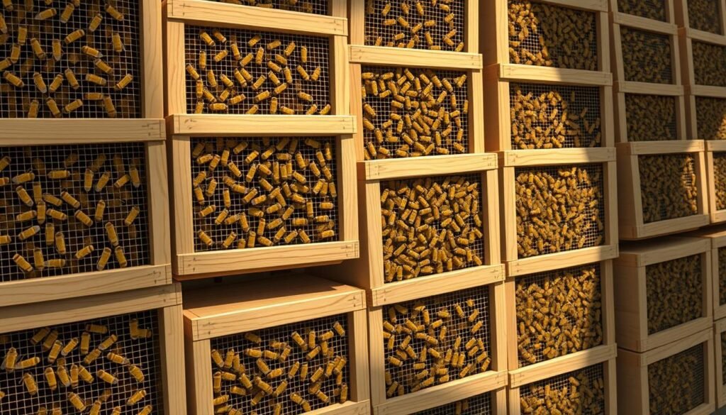 A detailed, highly realistic illustration of a stack of packages containing honey bees. The packages are made of sturdy wooden frames with wire mesh panels, arranged in a tight, organized formation. The bees are visible through the mesh, clustering together in a dense, writhing mass. The lighting is soft and natural, creating subtle shadows and highlights that accentuate the textures of the wood and the insects. The camera angle is slightly elevated, providing a clear, comprehensive view of the packaged bees. The overall mood is one of quiet anticipation, capturing the essence of a new beekeeping season about to begin. A detailed, highly realistic illustration of a stack of packages containing honey bees. The packages are made of sturdy wooden frames with wire mesh panels, arranged in a tight, organized formation. The bees are visible through the mesh, clustering together in a dense, writhing mass. The lighting is soft and natural, creating subtle shadows and highlights that accentuate the textures of the wood and the insects. The camera angle is slightly elevated, providing a clear, comprehensive view of the packaged bees. The overall mood is one of quiet anticipation, capturing the essence of a new beekeeping season about to begin.