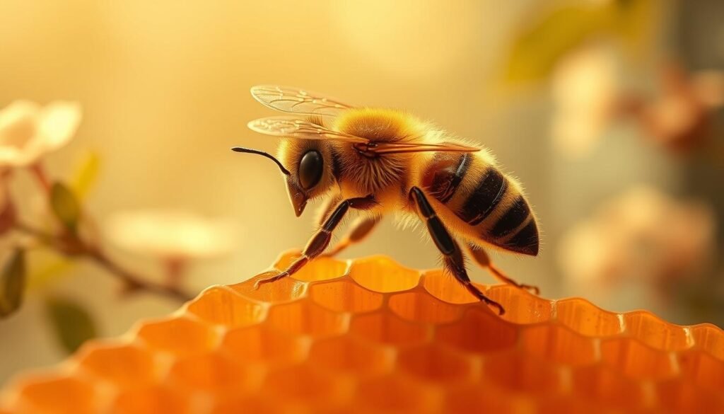 A detailed illustration of bee venom safety, featuring a close-up view of a honeycomb structure with a single honey bee resting on it. The bee's body emits a faint golden glow, highlighting the intricate patterns and textures of its exoskeleton. In the background, a soft, hazy blur of botanical elements, such as leaves and flowers, creates a natural and calming atmosphere. The lighting is warm and diffused, casting subtle shadows and highlights to accentuate the delicate features of the bee and the honeycomb. The overall tone is one of scientific precision and environmental awareness, conveying the importance of understanding the safe handling and use of bee venom.