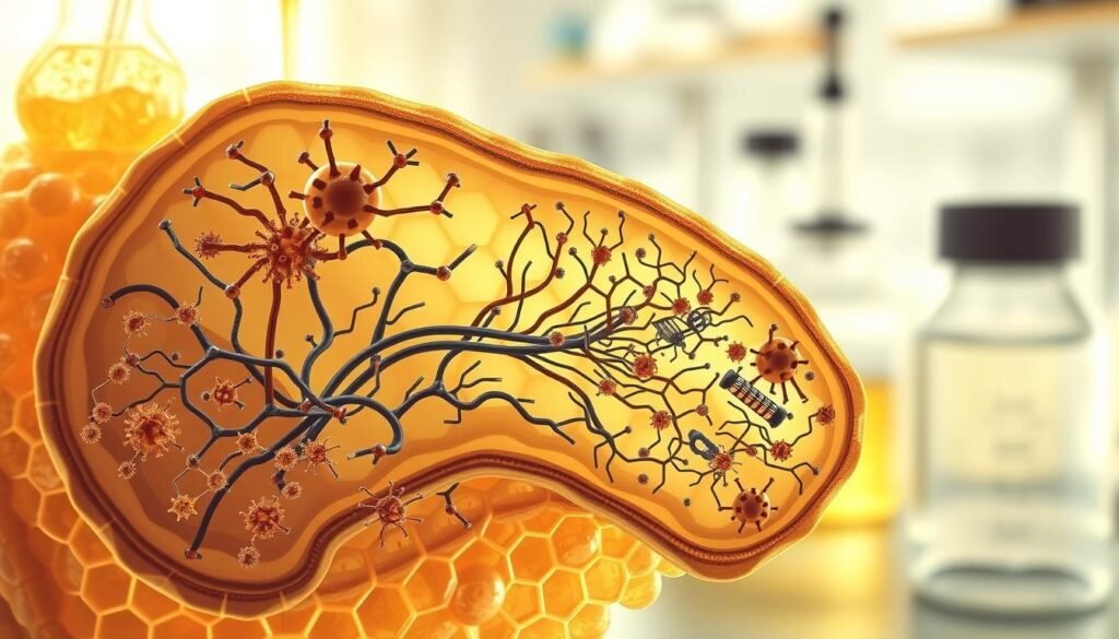 A detailed illustration of proposed antiviral mechanisms of royal jelly, depicted as a microscopic cross-section. In the foreground, complex molecular structures and pathways interact, representing the various immunomodulatory and antimicrobial effects of royal jelly compounds. The middle ground features intricate networks of cells and organelles, showcasing the proposed mechanisms by which royal jelly exerts its antiviral activity. In the background, a softly blurred backdrop of a laboratory setting, with subtle hints of glassware and scientific equipment, establishes the context. Rendered in a detailed, technical style using a macro lens, with balanced lighting to highlight the intricacy of the biological processes.