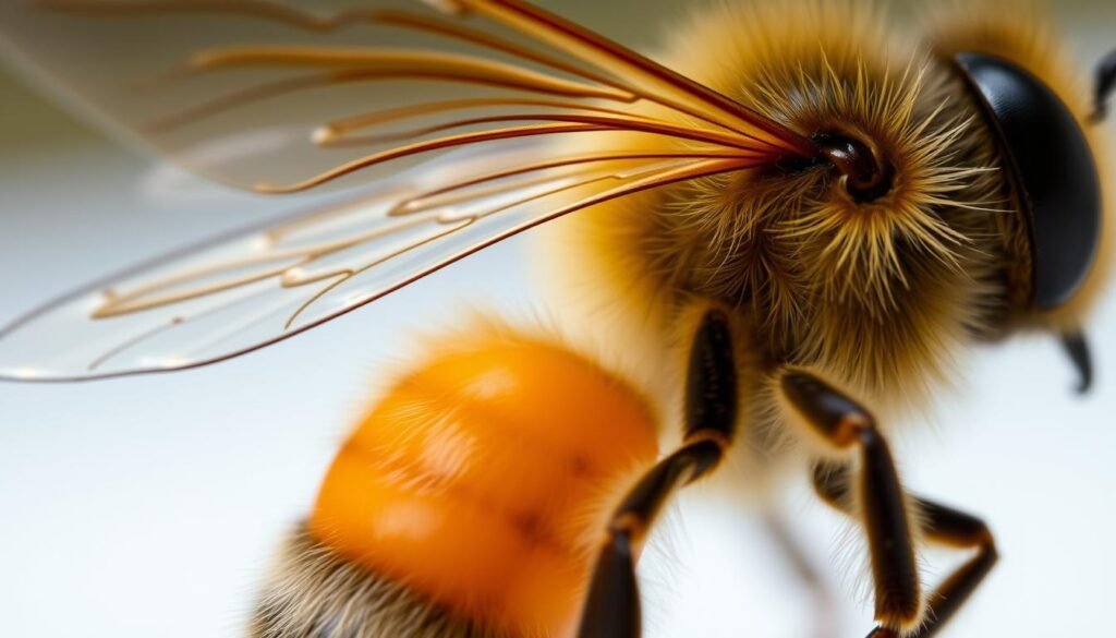 A detailed macro-style image of a honeybee's thorax, revealing the intricate structure and function of its wings. The thorax is shown in the foreground, with the wings partially open, showcasing the complex musculature and articulation that powers the bee's flight. The lighting is soft and diffused, accentuating the delicate features and textures of the thorax and wings. The background is blurred, focusing the viewer's attention on the central subject. The overall mood is one of scientific exploration and appreciation for the marvel of insect anatomy and biomechanics.