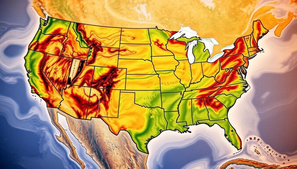 A detailed map of the United States, depicting distinct regional climate patterns across the country. The foreground showcases the diverse geographic features - rolling hills, sprawling plains, rugged mountain ranges, and winding rivers. The middle ground highlights the distinctive shades of green, yellow, and red that represent the varied vegetation and biomes, from lush forests to arid deserts. In the background, a subtle gradient of blues and grays captures the dynamic interplay of air masses, precipitation, and temperature, creating a visually striking representation of the nation's complex climate landscape. Illuminated by warm, natural lighting, the image conveys a sense of scientific exploration and environmental understanding. A detailed map of the United States, depicting distinct regional climate patterns across the country. The foreground showcases the diverse geographic features - rolling hills, sprawling plains, rugged mountain ranges, and winding rivers. The middle ground highlights the distinctive shades of green, yellow, and red that represent the varied vegetation and biomes, from lush forests to arid deserts. In the background, a subtle gradient of blues and grays captures the dynamic interplay of air masses, precipitation, and temperature, creating a visually striking representation of the nation's complex climate landscape. Illuminated by warm, natural lighting, the image conveys a sense of scientific exploration and environmental understanding.