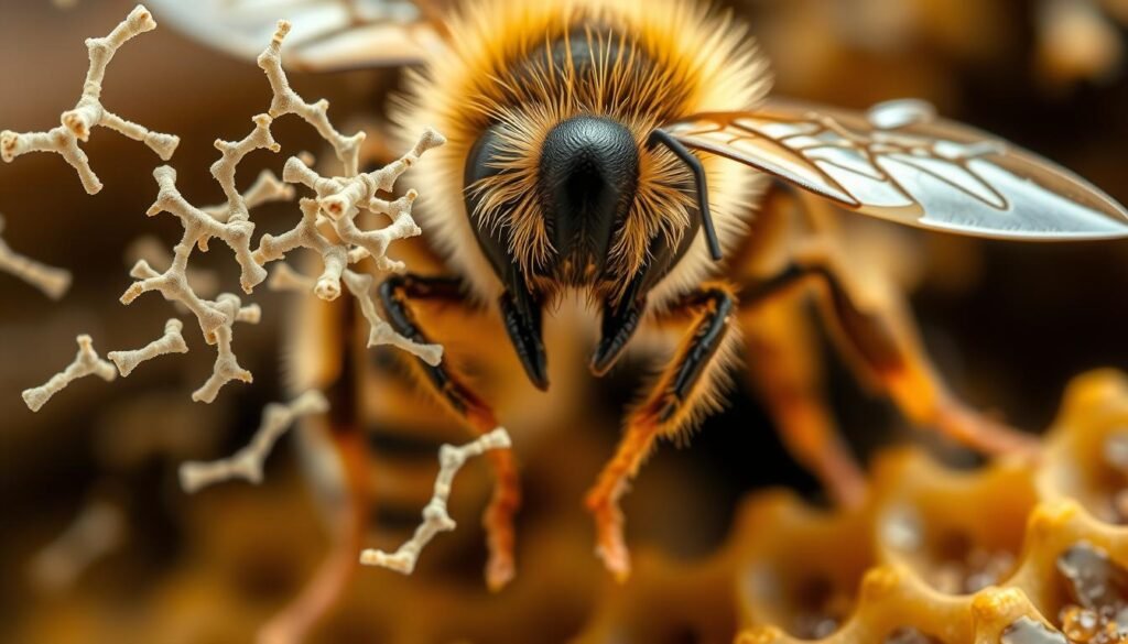 A detailed microscopic view of lactic acid bacteria interacting with honeybees. The foreground depicts magnified rod-shaped bacterial cells swarming around the fuzzy abdomen and legs of a worker bee, their probiotic effects visible. The middle ground shows the bee's compound eyes and intricate wing structure in crisp focus, conveyed through a shallow depth of field. The background is blurred but hints at the hive's interior, with honeycombs and pollen visible. The lighting is soft and diffuse, giving a clinical yet natural tone. Captured with a high-resolution macro lens, the image exudes a sense of scientific inquiry into the beneficial microbiome dynamics within a healthy bee colony.