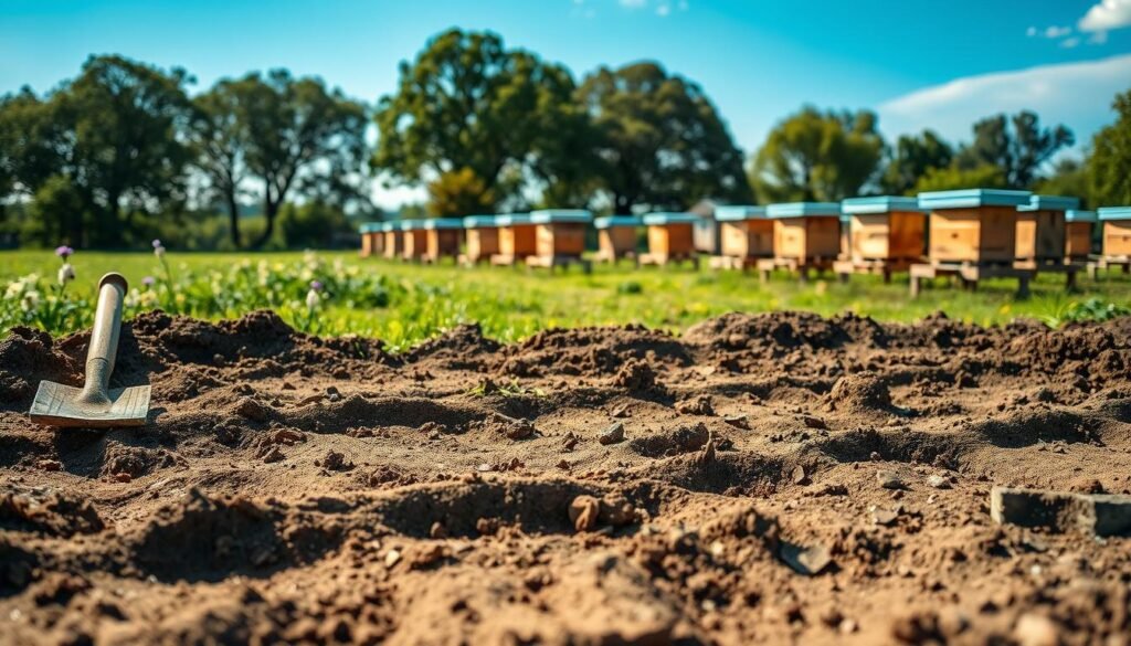 A detailed scene of ground preparation for a beehive in a small-scale apiary. In the foreground, freshly leveled earth with signs of prepared drainage systems, surrounded by simple wooden tools like a spade and a rake. In the middle ground, a well-maintained area with vibrant green grass and patches of wildflowers, illustrating vegetation control measures. Several expertly arranged wooden beehives sit on elevated platforms, indicating careful planning. In the background, a soft, blurred view of a grove of trees under a clear blue sky, with gentle sunlight casting warm shadows. The atmosphere is serene and industrious, evoking a sense of harmony in nature. The perspective is slightly elevated, capturing an expansive view of the apiary layout while focusing on the ground prep efforts.