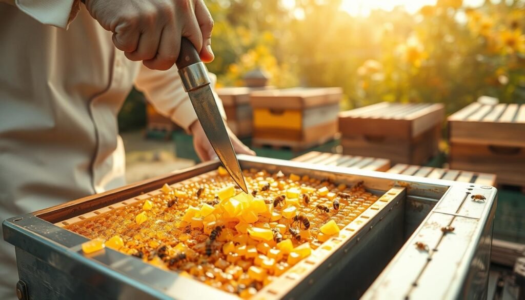 A detailed scene of uncapping honey cappings in an apiary setting. In the foreground, a beekeeper in a light-colored, modest professional outfit is skillfully using a heated uncapping knife to slice through the golden wax cappings from a frame full of honeycomb. The wax pieces are falling into a clean, stainless-steel container, showcasing their texture and sheen. In the middle ground, several wooden beehive boxes can be seen, with bees gently buzzing around them. The background features a bright, sunlit garden with blooming flowers, enhancing the natural atmosphere. Soft, warm lighting emphasizes the golden hues of the honey and wax, creating a productive and inviting mood. The image is captured at eye level, highlighting the intricacies of the uncapping process without any text or distracting elements.