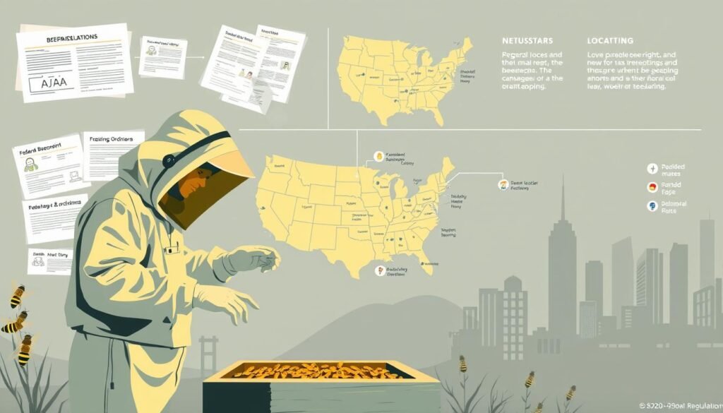 A detailed schematic illustration depicting federal, state, and local beekeeping regulations. The foreground showcases a beekeeper in protective gear, examining a beehive against a backdrop of regulatory documents and legal symbols. The middle ground features a map of the United States with state borders and regulatory icons. The background depicts a cityscape, representing the various municipal codes and ordinances that govern urban beekeeping. The lighting is crisp and analytical, conveying the technical nature of the subject matter. The color palette is muted, emphasizing the seriousness of the regulatory landscape. The overall composition strikes a balance between the practical, hands-on aspects of beekeeping and the complex, multilayered regulatory framework that beekeepers must navigate.