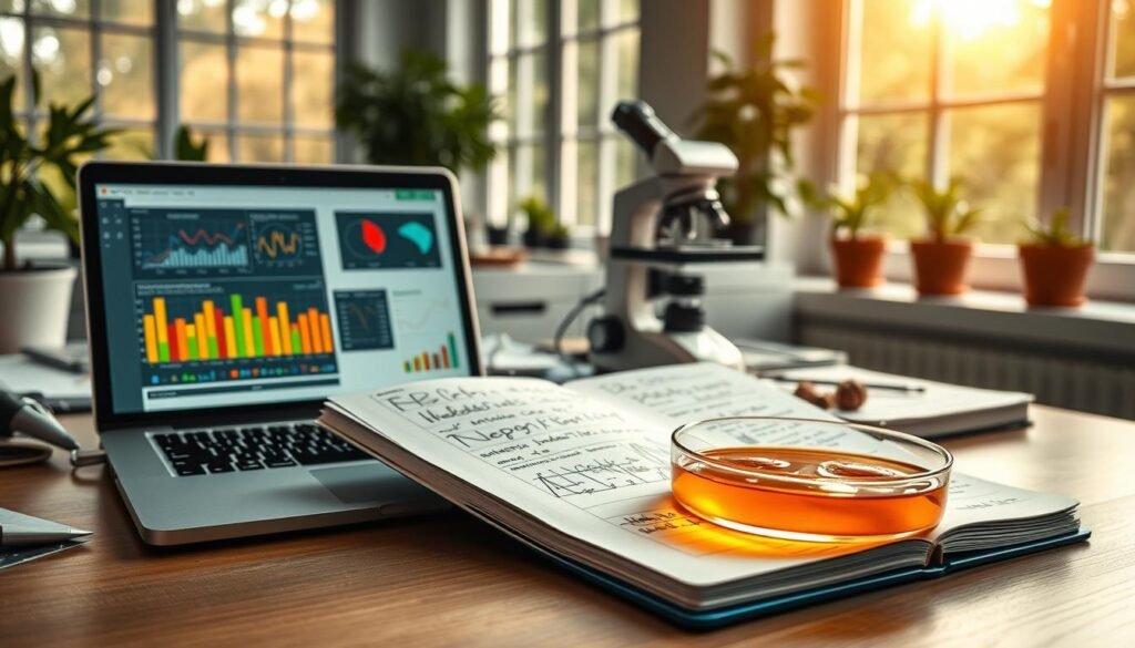 A detailed scientific workspace showcasing hive data documentation. In the foreground, there is a neatly organized desk with a laptop displaying colorful graphs and data analytics related to hive activity. A close-up of a well-structured notebook filled with handwritten notes and diagrams illustrates beekeeping metrics. In the middle, a microscope is positioned next to a petri dish containing honey samples, symbolizing analysis. The background features large windows allowing natural light to fill the room, casting a warm glow that emphasizes a sense of scientific discovery. Subtle elements like potted plants and beekeeping equipment can be seen, creating an inviting, focused atmosphere. The image captures the essence of scientific documentation, fostering a mood of professionalism and curiosity.