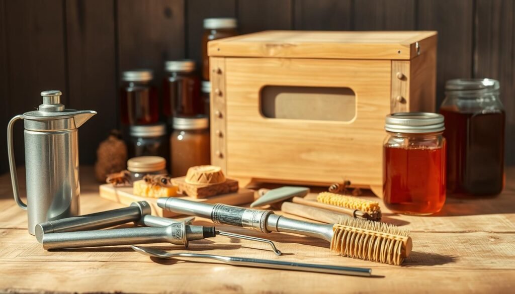 A detailed still life showcasing essential beekeeping equipment on a wooden table. In the foreground, a set of metallic beekeeping tools including a smoker, hive tool, and bee brush. In the middle ground, a wooden beehive box with a clear glass panel exposing the inner frames. Behind it, a cluster of various honey jars, wax comb, and a jar of raw honey. Soft, natural lighting illuminates the scene, casting warm shadows. The composition is balanced and harmonious, highlighting the tools and materials required to maintain a thriving apiary. The overall mood is one of rustic simplicity and industry.